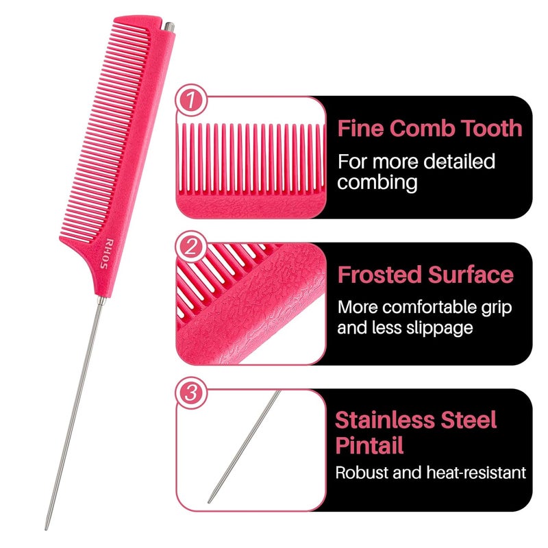 RHOS Retractable Fine Tooth Comb for Hair Parting, Styling, Cutting and Braiding - Carbon and Stainless Steel Pin Tail Comb (Pink) - Image 5